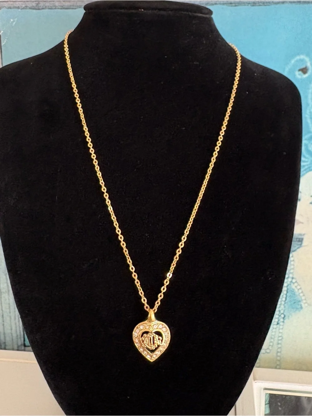 Dior Gold Heart Locket Necklace with Crystal Accents